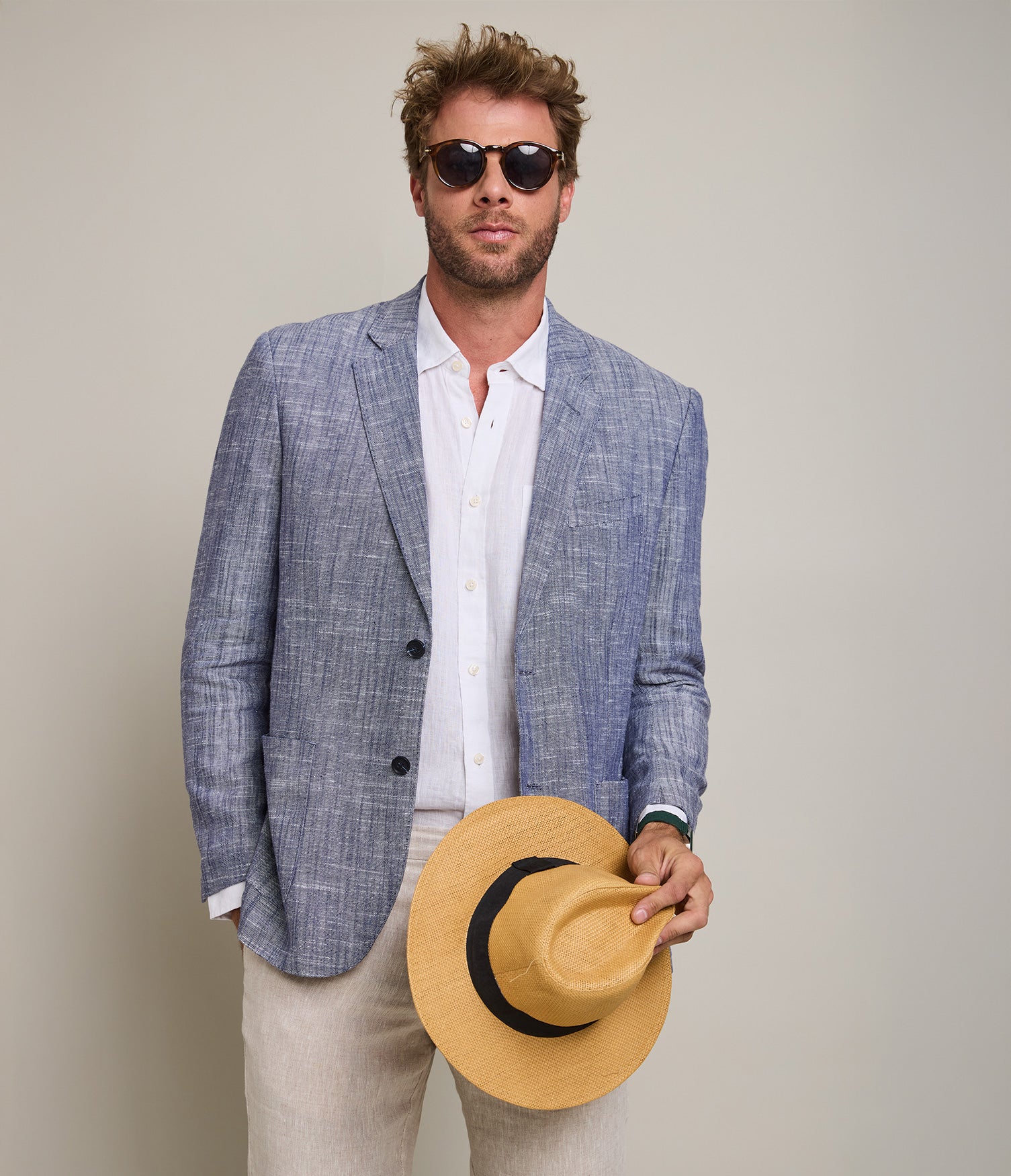 Blazer Hombre 100% Lino Azul Melange