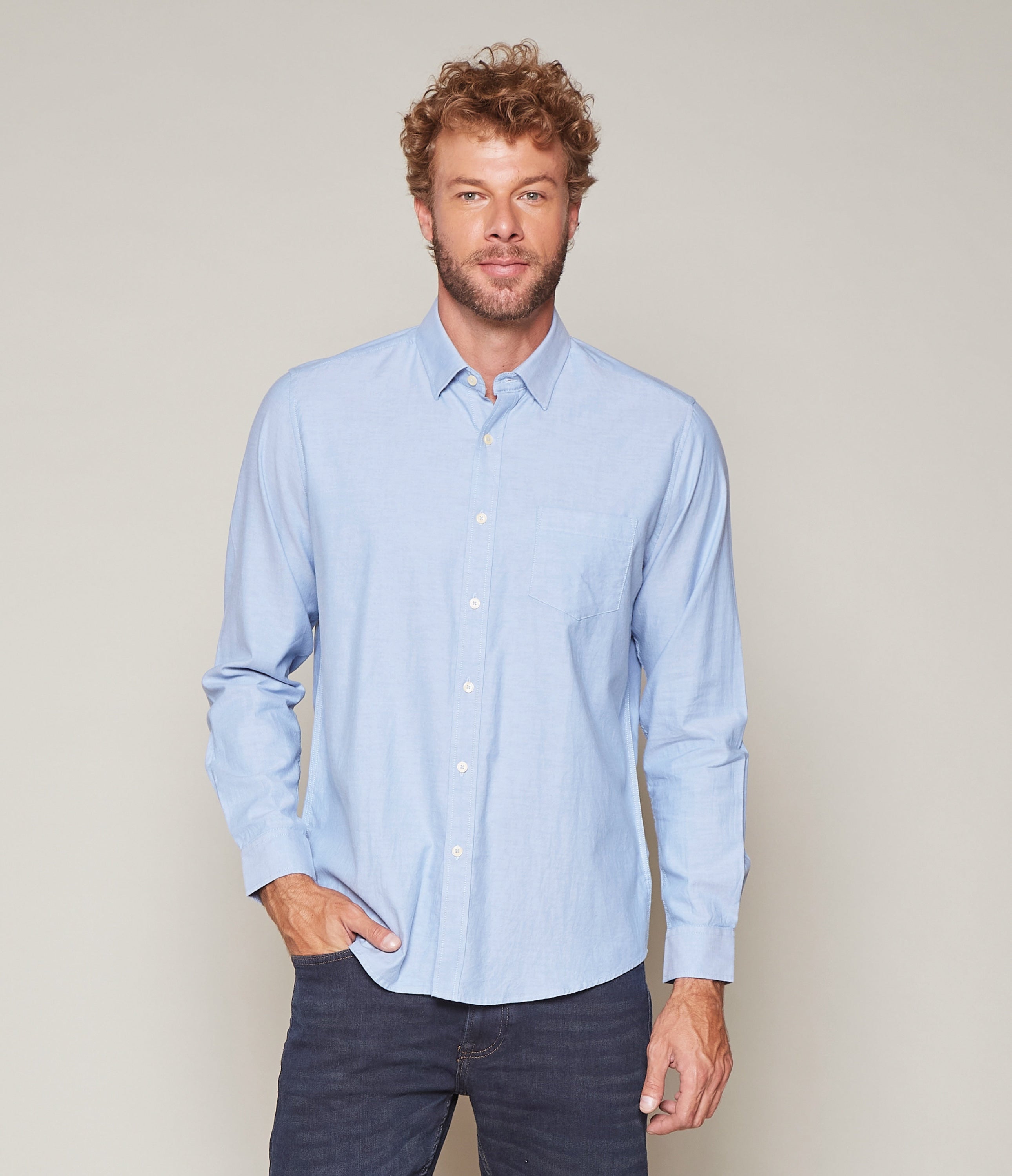 Camisa Hombre Algodón Oxford M/Larga Azul Claro