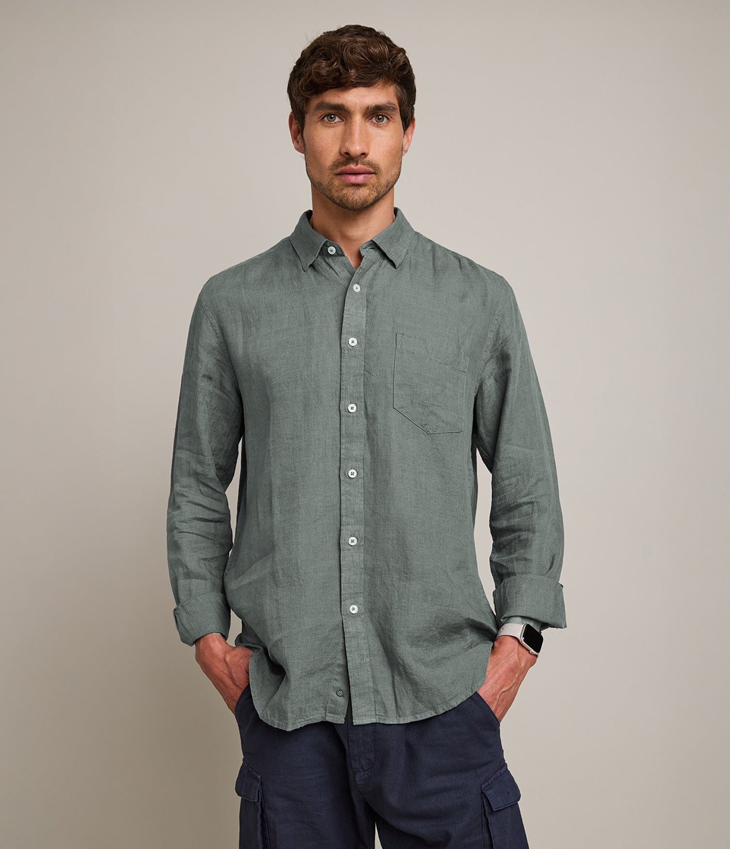 Camisa Hombre Lino Sicilia M/Larga Verde Oscuro